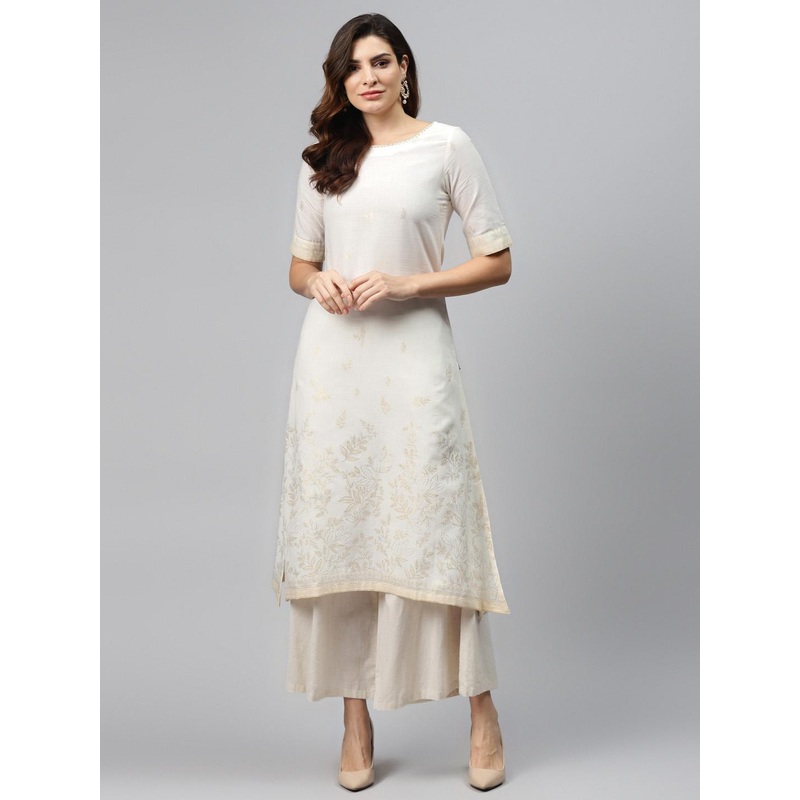 Biba Women Off-White & Golden Printed Pure Cotton Straight Kurta