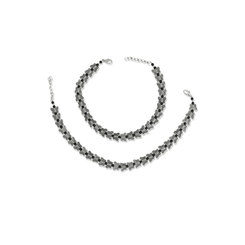 CHARMS Women Set of 2 Black Alloy Anklet with Artificial Stones and Beads for Ethnic Wear