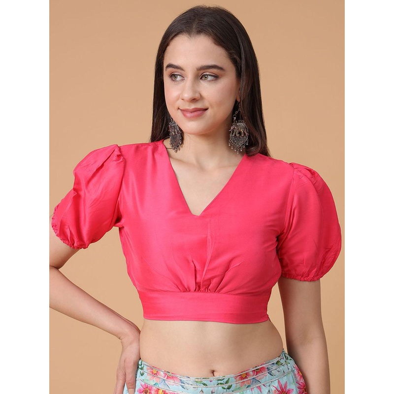 Frolic Rolic Bright Pink Silk Blend V-Neck Puff Sleeves Blouse