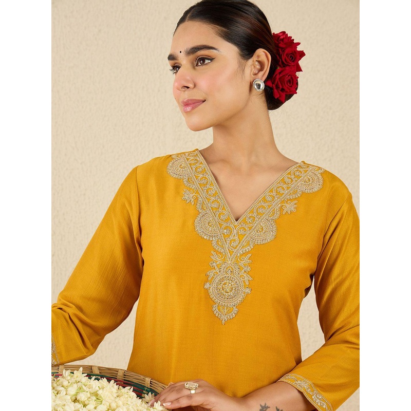 Indo Era Embroidered V Neck Top With Trousers Co-Ords