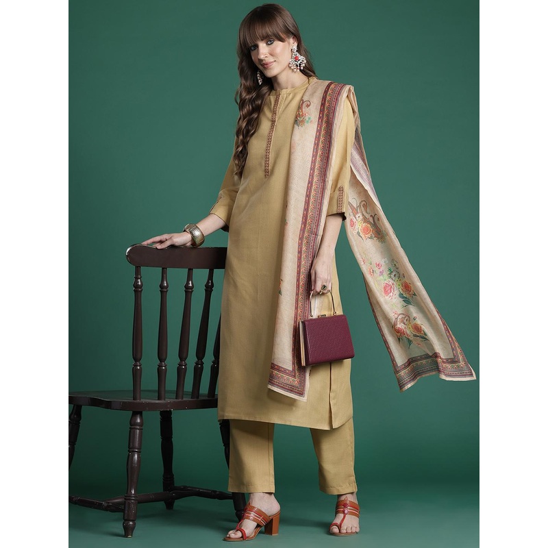 Indo Era Yoke Design Thread Work Kurta With Trousers & Dupatta