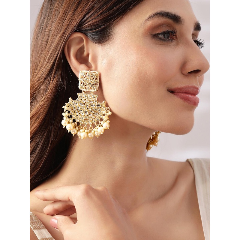 Rubans Off-White Gold-Plated Kundan-Studded Long Chandbalis with Pearl-Beaded