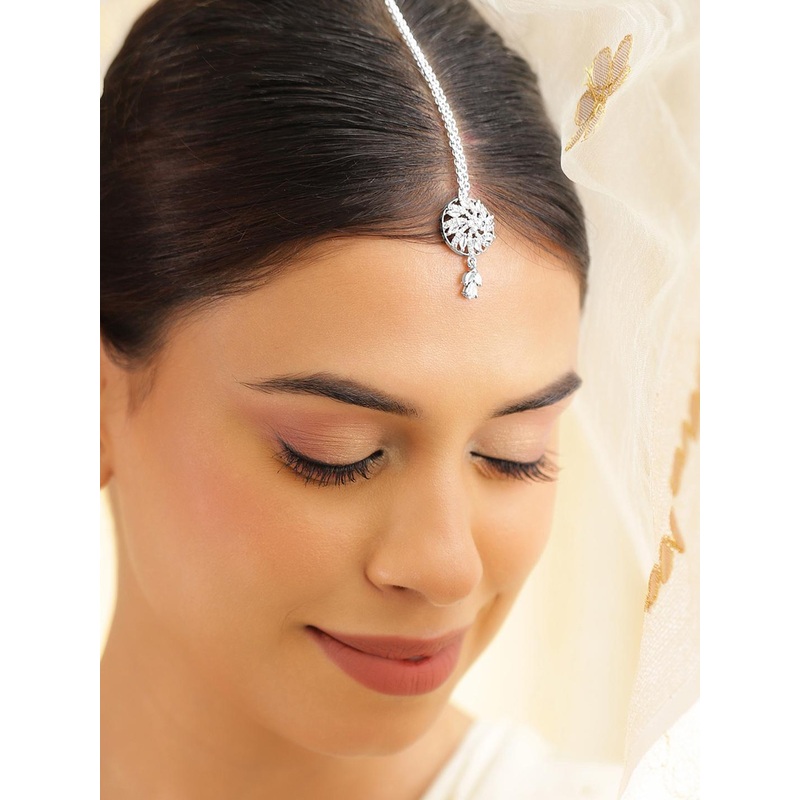 Rubans Rhodium-Plated Cubic Zirconia Studded Maang Tikka Head Jewellery
