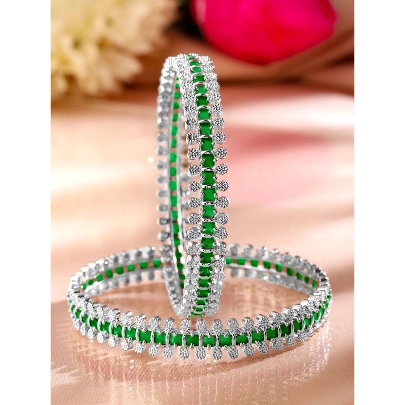 Rubans Set of 2 Rhodium Plated Emerald Green & White Cubic Zirconia Studded Luxe Bangles