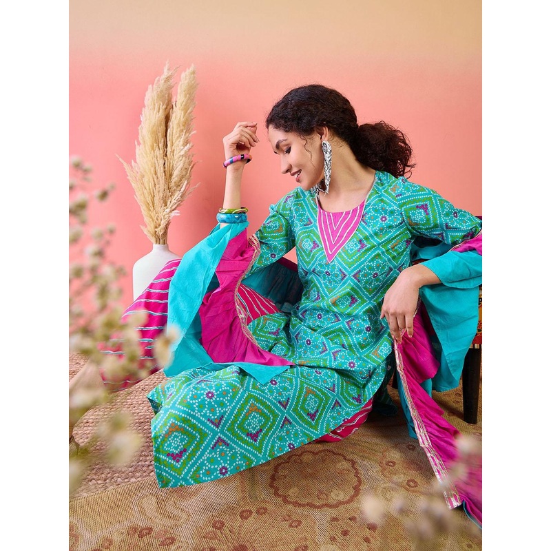 Sangria Bandhani Printed Pure Cotton Round Neck Kurta With Trousers & Ruffled Dupatta