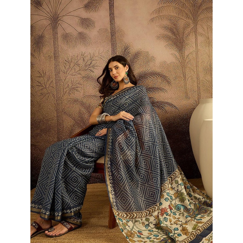 Sangria Bandhani Printed Zari Border Bandhani Saree With Unstitched Blouse Piece