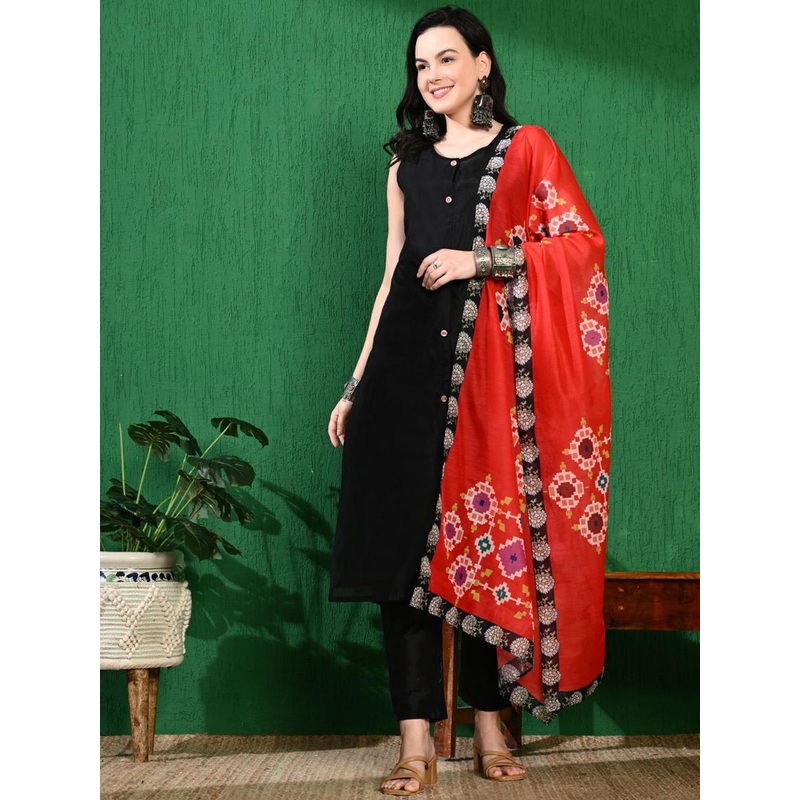 Sangria Chanderi Cotton Kurta with Trousers & Dupatta