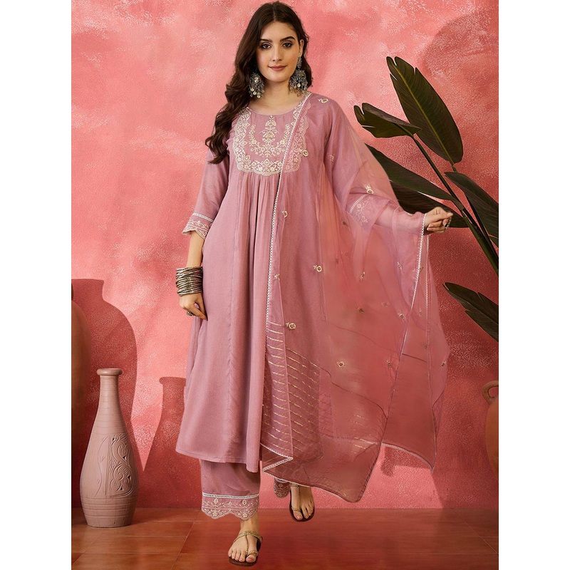 Sangria Zari Sequence Embroidered Straight Kurta & Trousers With Dupatta