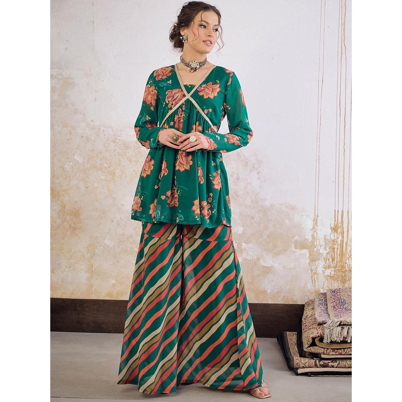 Shae by SASSAFRAS Floral Printed V-Neck Empire A-Line Kurti With Sharara