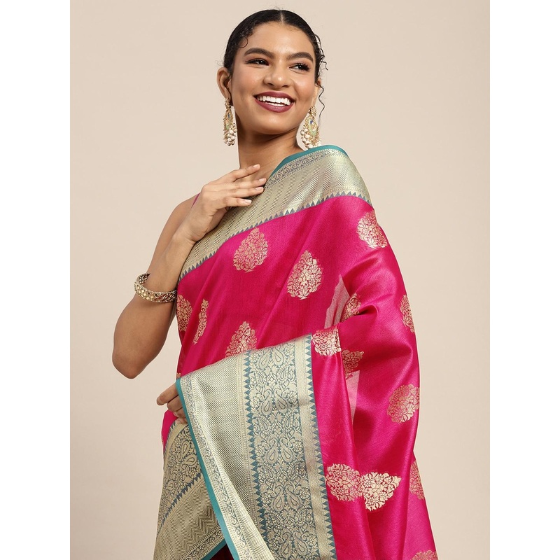 Silk Land Pink & Golden Ethnic Motifs Zari Banarasi Saree
