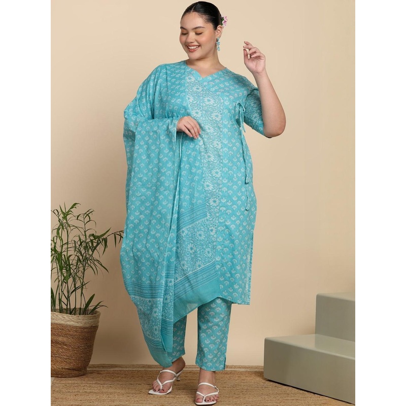 YASH GALLERY Floral Printed Pure Cotton Kurta With Trousers & Dupatta