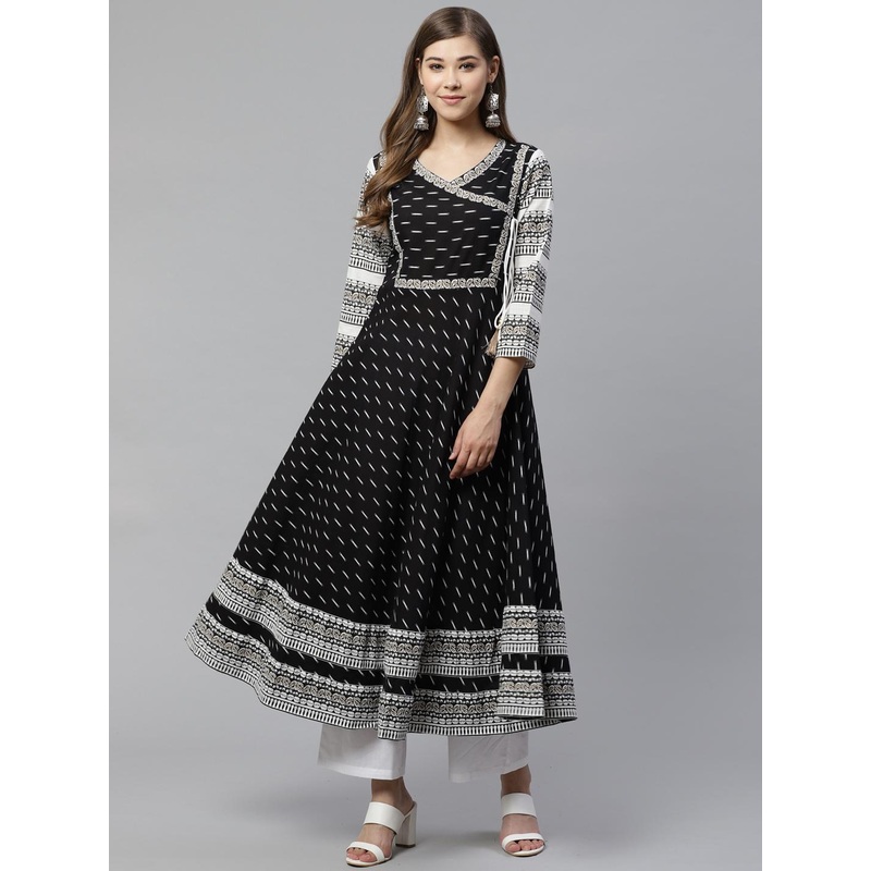 YASH GALLERY Women Black & White Printed Anarkali Kurta