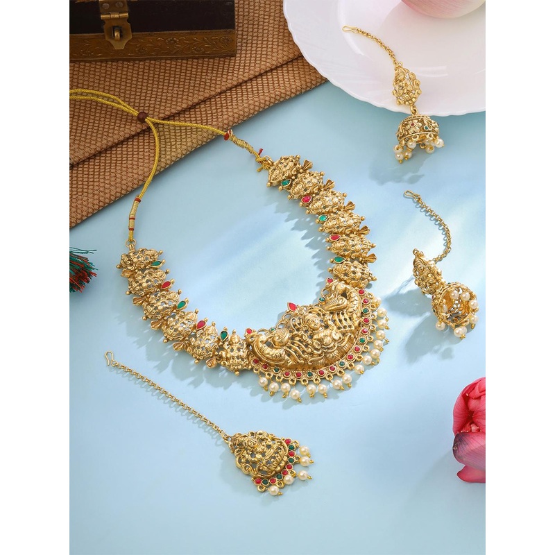 Yellow Chimes Gold Plated Stone Moti Studded Lakshmi Temple Jewellery Set with Maangtikka