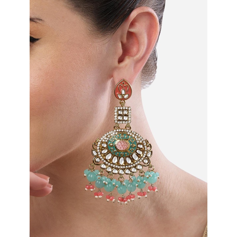 Zaveri Pearls Gold-Plated Kundan Stone Studded & Beaded Meenakari Drop Earrings