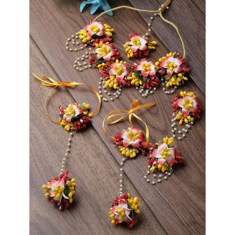 ZENEME Gold Plated Multicolor Floral Gota Patti Beaded Haldi & Mehendi Jewellery Set