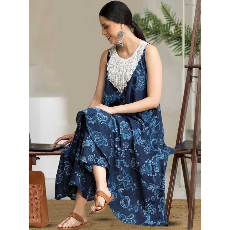 AADVIKA Women Floral Printed Cotton A-Line Kurta with Trousers