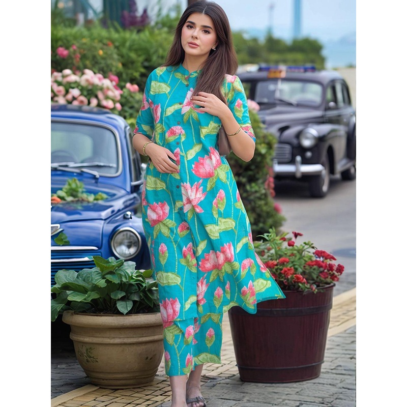 Aaghnya Floral Printed Mandarin Collar A-Line With Trousers