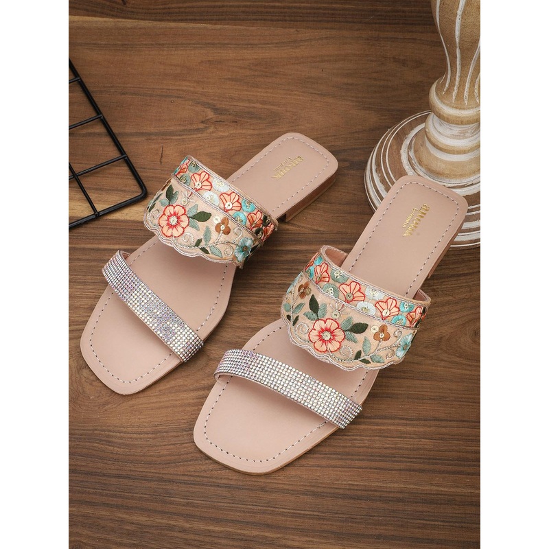 Anouk Beige & Peach Embellished Ethnic Open Toe Flats