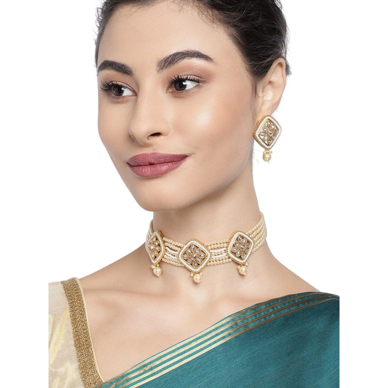 Anouk Gold-Plated And White Kundan-Studded And Pearls Beaded Choker Neckless And Earrings