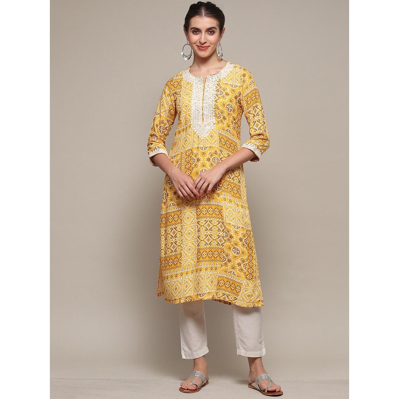 Biba Bandhani Printed Thread Work Notched Neck straight Kurta