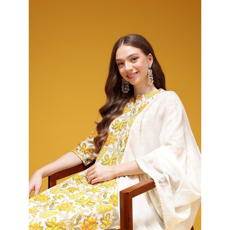 HERE&NOW Printed Thread Work Gotta Patti Cotton Kurta Set