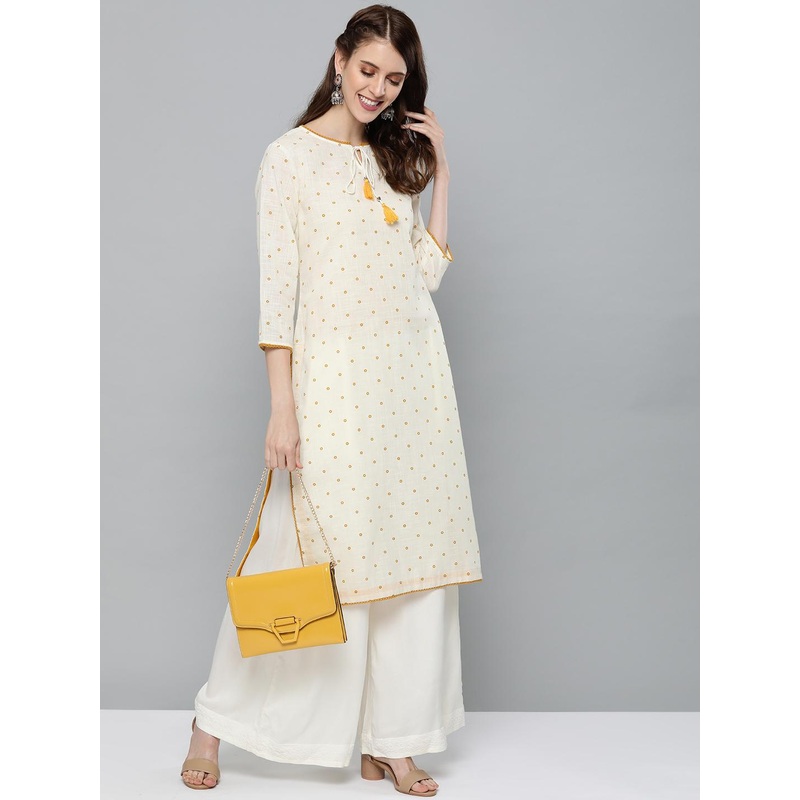 HERE&NOW Women Off-White & Mustard Yellow Geometric Printed Straight Kurta