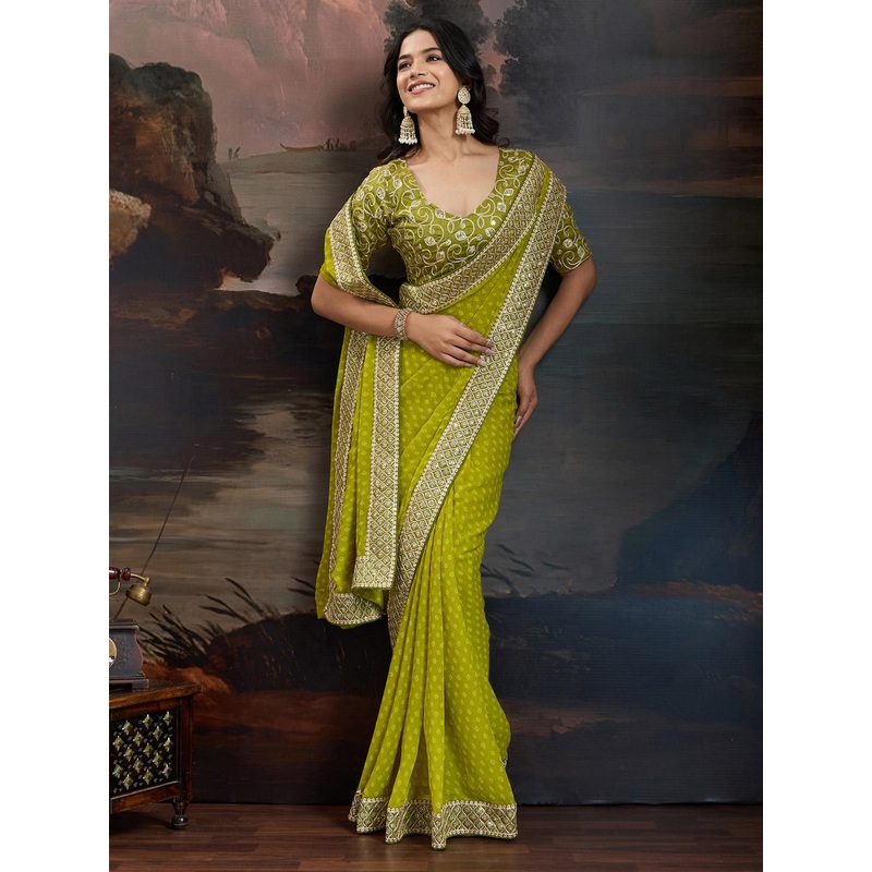 House of Pataudi Bandhani Design Embroidered Saree With Blouse Piece