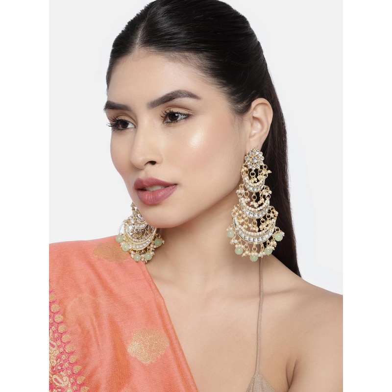 I Jewels Gold-Plated & Green White Kundan-Studded Crescent Shaped Chandbalis Earrings