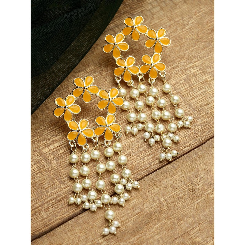 KARATCART Women Gold Plated Yellow Floral Drop Earrings