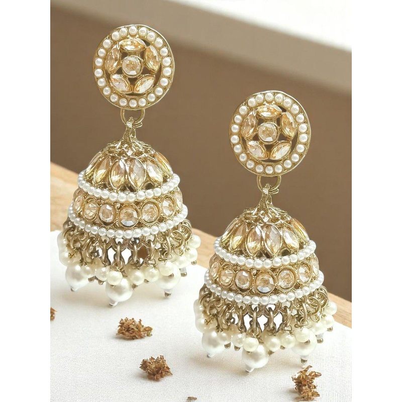 OOMPH Gold Plated Artificial Stones Studded And Beaded Dome Shape Jhumkas
