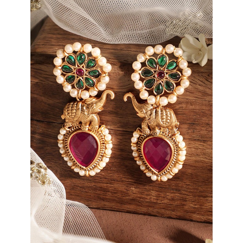 Rubans 18K Gold-Plated Red & Green Stone Studded Elephant Motif Earring with Pearl Accents
