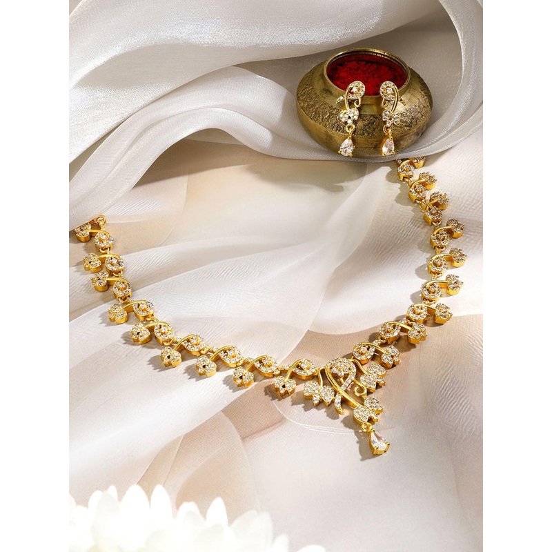 Rubans 18K Gold-Plated White Cubic Zirconia Studded Floral Vine Necklace Set