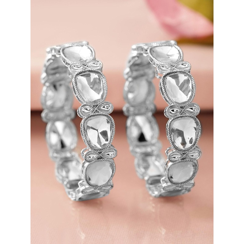 Rubans Set of 2 Rhodium-Plated Crystal White Cubic Zirconia Studded Premium Bangles