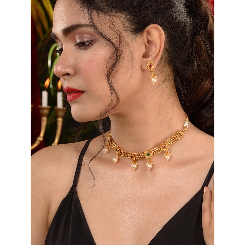 Saraf RS Jewellery Gold-Plated Red & Green American Diamond Studded Jewellery Set