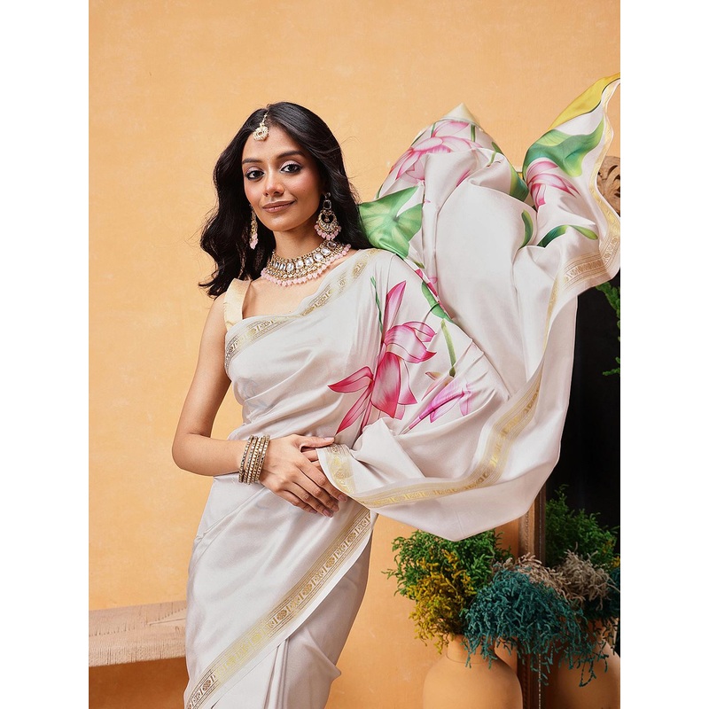 Silk Land Floral Printed Zari Ready to Wear Kasavu Saree