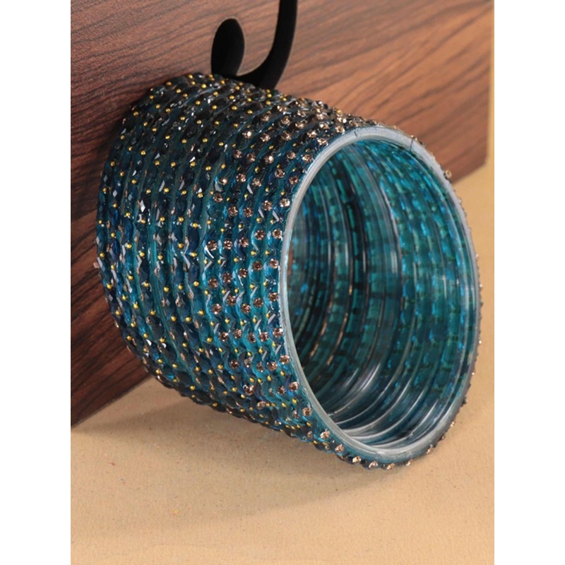STYOLLO Women Set of 12 Teal Blue Cubic-Zirconia Studded Glass Bangles