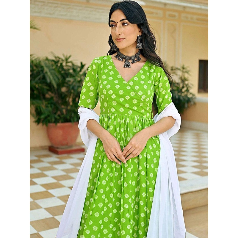 SZN Women Bandhani Printed Angrakha Kurta with Palazzos & With Dupatta