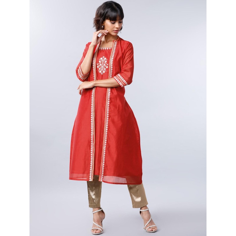 Vishudh Women Red Embroidered A-Line Kurta