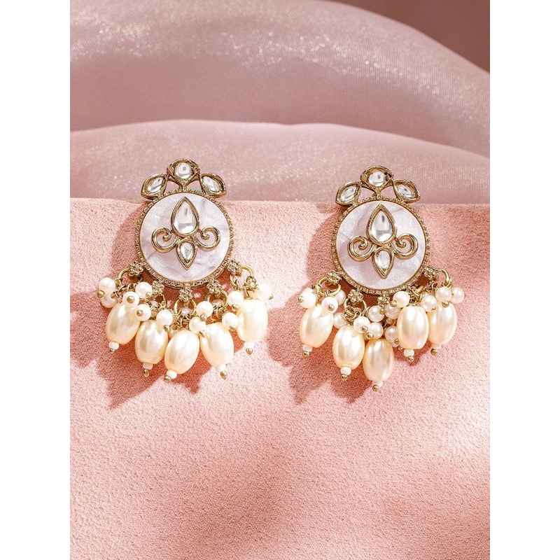 Women 22K Gold-Plated White Kundan Handcrafted Drop Earrings with Glossy White Pearl Bead