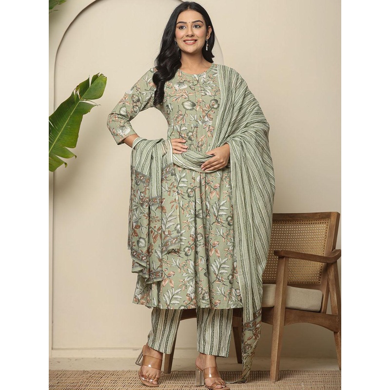 Yufta Floral Printed Empire Pure Cotton Maternity Anarkali Kurta With Trouser & Dupatta