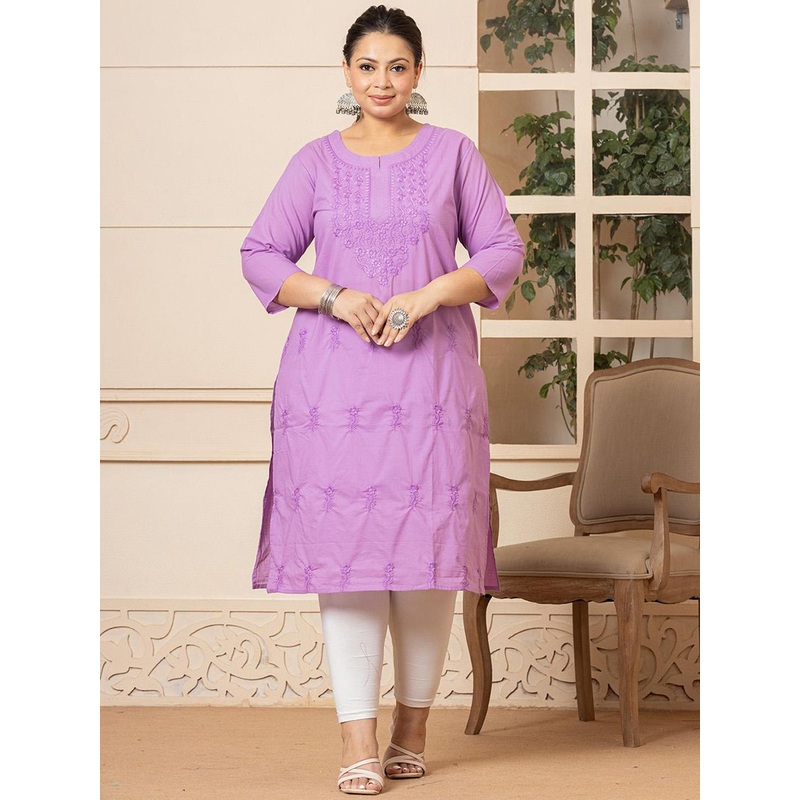 Yufta Plus Size Floral Embroidered Notch Neck Pure Cotton Straight Kurta