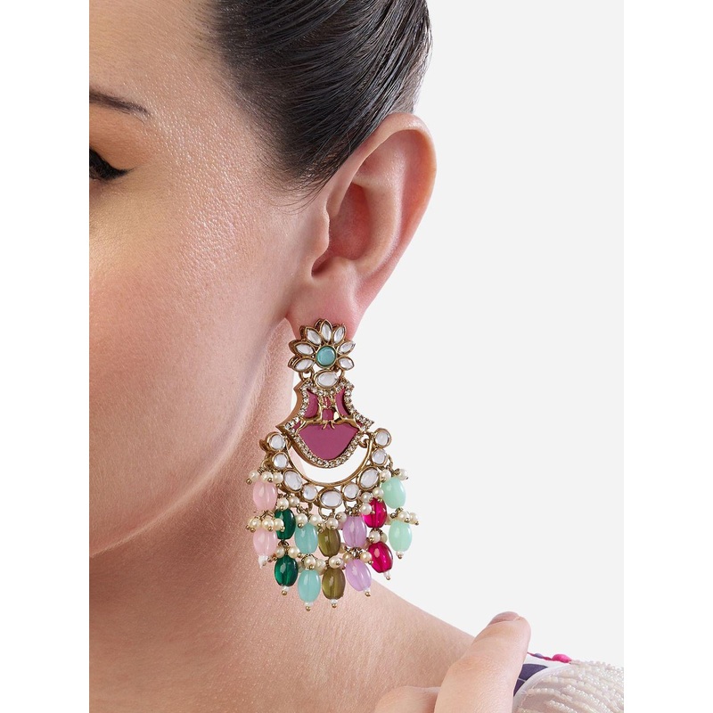 Zaveri Pearls Gold-Plated Artificial Stones Studded and Beaded Contemporary Drop Earrings