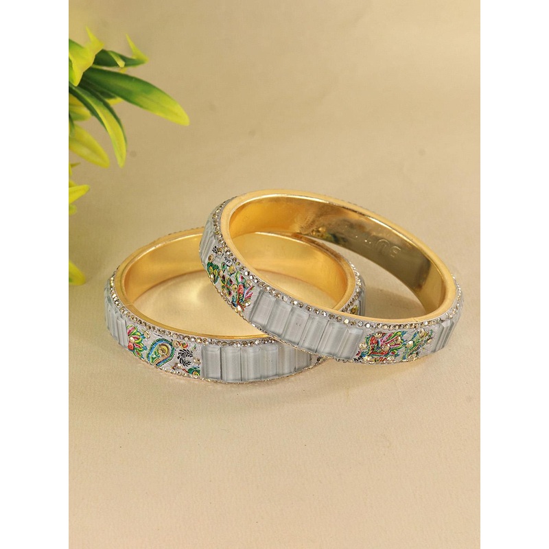 ZULKA Set of 2 Zircon Diamond & Crystal Studded Floral Printed Metal Kada Bangles