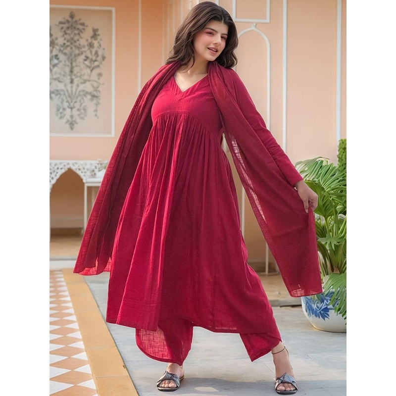 Aaghnya V-Neck Empire A-Line Kurta With Harem Pants And Dupatta