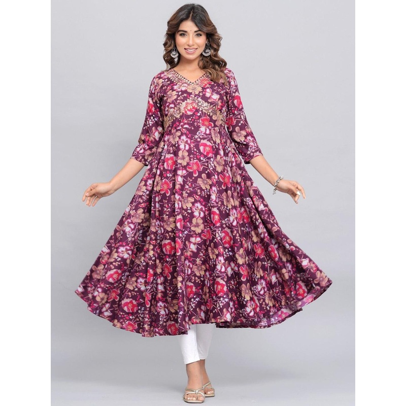 Amar Palace Chikan Hazratganj Floral Printed V-Neck Empire Anarkali Kurta