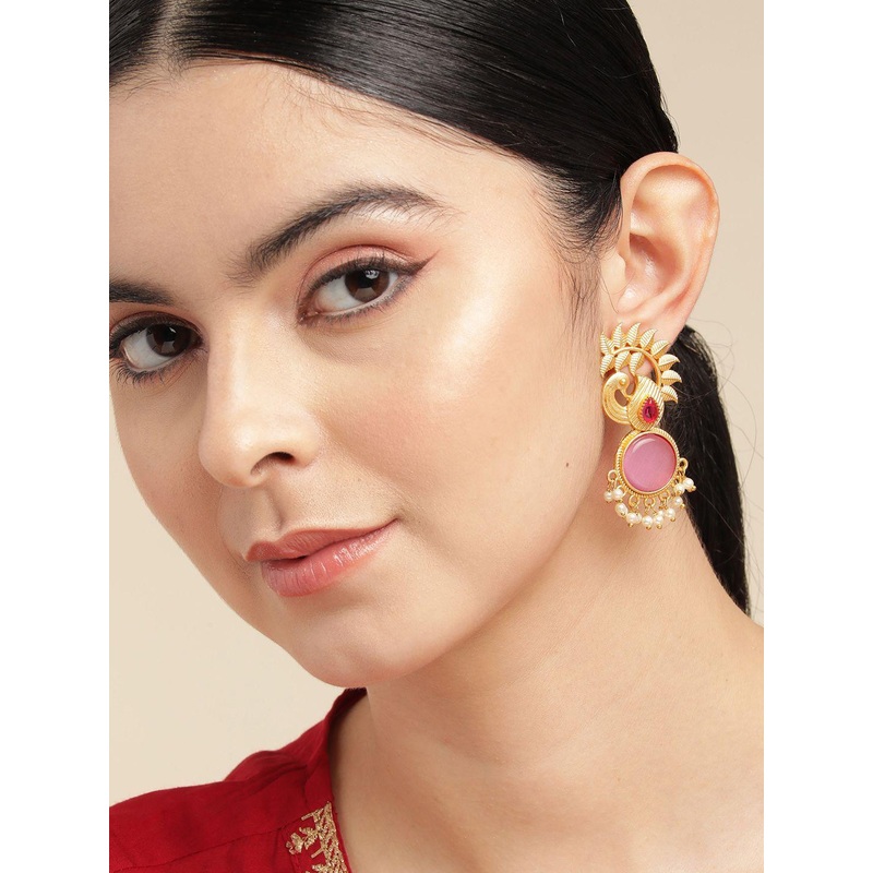 Anouk Gold-Plated Artificial Stones Studded And Beaded Peacock Shaped Drop Earrings