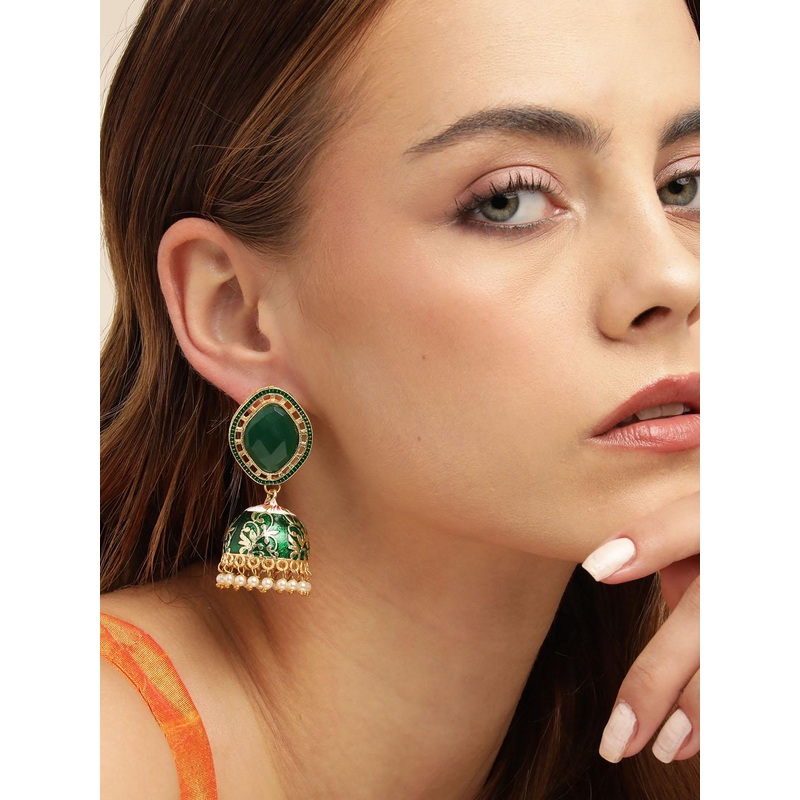 Anouk Gold Plated Beaded Dome Shaped Meenakari Jhumkas Earrings