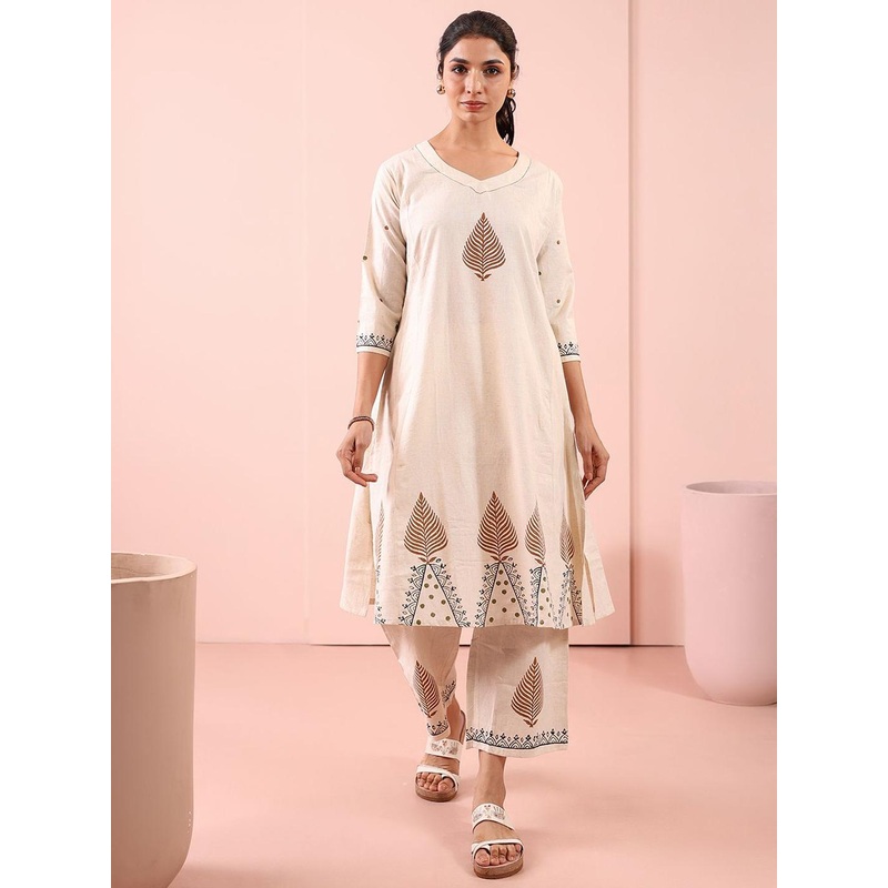 Anouk Rustic Ethnic Motifs Printed V-Neck Pure Cotton A-Line Kurta With Palazzos