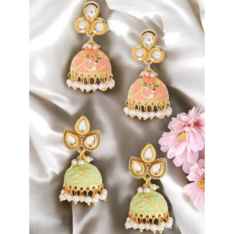 Anouk Set of 2 Gold-Plated Kundan & Pearls Beaded Meenakari Enamel Dome Shaped Jhumkas