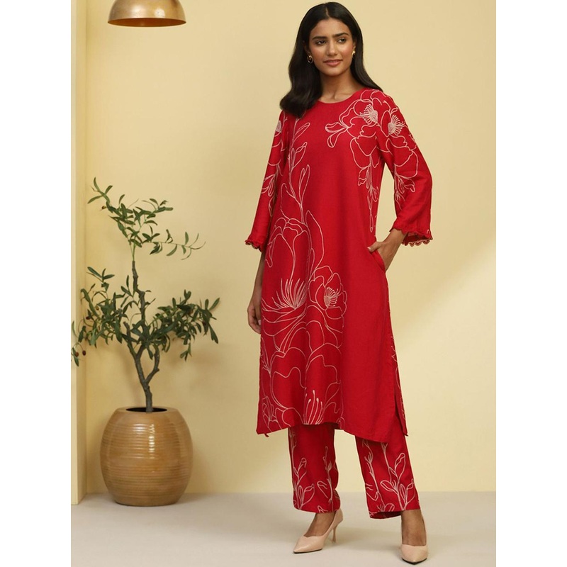 Biba Floral Printed Regular Straight Kurta with Trousers